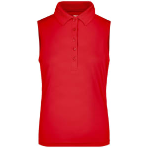 A sleeveless red polo shirt with a collar and buttons, featuring a logo on the design.