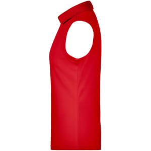 A sleeveless red polo shirt featuring a collar and a logo. The design is simple and form-fitting.