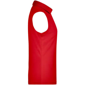 A sleeveless red polo shirt with a collar, featuring a logo on the side. Suitable for active wear.