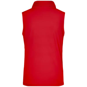 A sleeveless red polo shirt featuring a collar and a logo on the back.