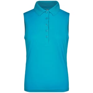 A sleeveless polo shirt in vibrant turquoise with a collar and buttoned placket. It features branding on the design.
