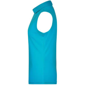 A sleeveless polo shirt in bright blue featuring a classic collar and a logo on the side.
