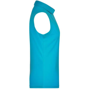 A sleeveless polo shirt in vibrant turquoise, featuring a collar and a fitted design. The shirt has a logo.