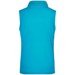 A sleeveless polo shirt in vibrant turquoise, featuring a collar and a logo on the fabric.
