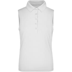 A sleeveless white polo shirt with a collar and button placket, featuring a logo.