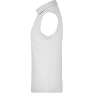A sleeveless white polo shirt with a collar and an embedded logo. Side view showcases a simple, sleek design.