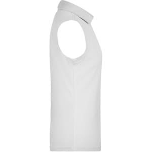 A sleeveless, white polo shirt with a collared neckline. The shirt features a logo on the front.