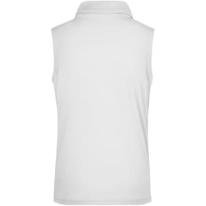 A sleeveless, white ladies' active polo shirt featuring a collar and a logo.
