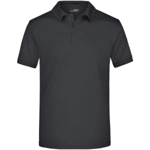 A black polo shirt featuring a classic collar and short sleeves, with a logo on the chest area.