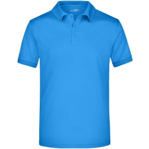 A blue men's active polo shirt with a collar and short sleeves, featuring a logo.