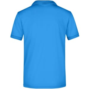 A blue men's active polo shirt with a solid design and a collar, featuring a logo on the back.