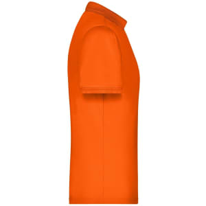 An orange men's active polo shirt with a classic collar and short sleeves, featuring a logo.