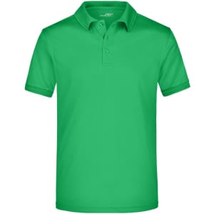 A green men's polo shirt with a collar and short sleeves, featuring a logo on the chest area.
