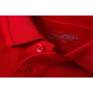 A red men's active polo shirt featuring a collar and a logo on the tag.