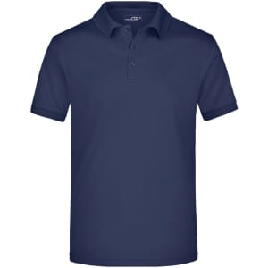 A navy blue men's polo shirt with a classic collar and short sleeves, featuring a branding logo.
