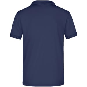 A navy blue men's active polo shirt featuring a collared design and a logo on the back.