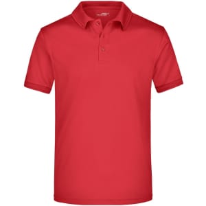 A red men's active polo shirt with a collar and short sleeves. It features a logo on the front.