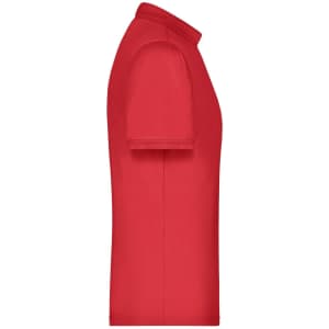 A side view of a red men's active polo shirt with a collar and short sleeves, featuring a logo.