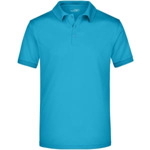 A bright blue men's active polo shirt with a classic collar and short sleeves. It features a logo.