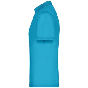 A bright blue men's active polo shirt displayed from the side, featuring a collar and short sleeves.
