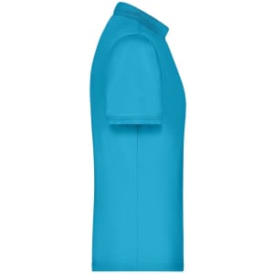 A side view of a men's active polo shirt in bright blue, featuring short sleeves and a classic collar.