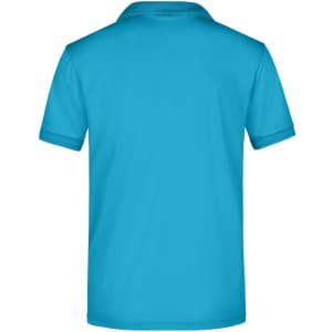A bright blue men's active polo shirt featuring a classic collar and short sleeves, with a logo on the back.