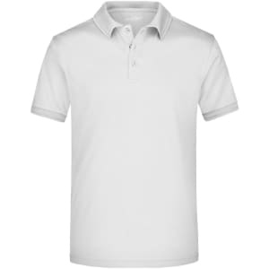 A white men's active polo shirt featuring a collar and buttons, with a logo on the chest.