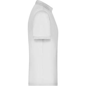 A white men's active polo shirt with a classic collar and short sleeves, featuring a logo.