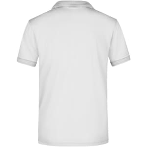 A white men's active polo shirt featuring a grey collar and cuffs, with a logo on the back.