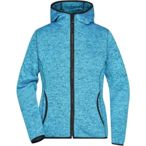 A blue knitted fleece hoodie with a zip front and black trim, featuring a hood and side pockets.