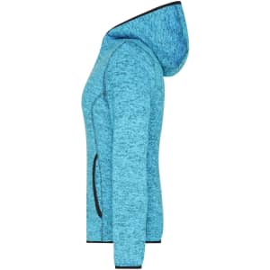 A side view of a ladies' knitted fleece hoodie in a bright blue colour, featuring a hood and black trim.