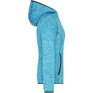 A blue knitted fleece hoodie featuring a hood, side pockets, and contrasting black trim. It has a logo on it.