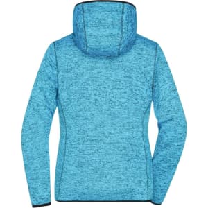 A blue knitted fleece hoodie features a hood and a textured finish, showcasing a snug design with contrasting trim.