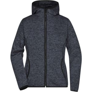 A ladies knitted fleece hoodie in dark grey, featuring a zip front and a hood, with a logo present.