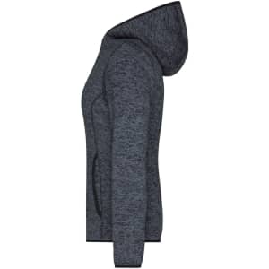 A grey knitted fleece hoodie with a hood and pockets, featuring a side view and a logo detail.