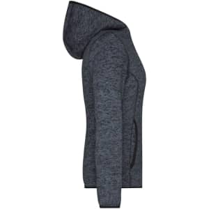 A grey ladies knitted fleece hoodie with a hood and pockets, featuring a simple design and a logo.