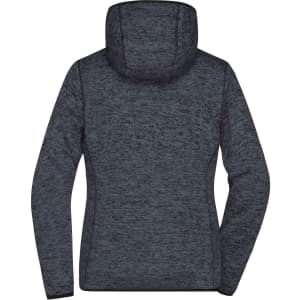 A ladies knitted fleece hoodie in dark grey, featuring a hood and a textured finish. It has a branding logo.