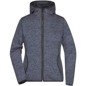 A ladies knitted fleece hoodie in a dark navy shade, featuring a zip front and a hood. It has a logo on it.
