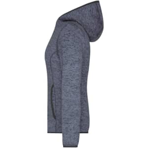 A grey ladies knitted fleece hoodie with a hood and pockets, featuring a subtle textured pattern.