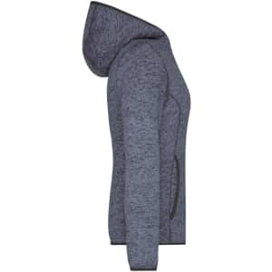 A side view of a ladies knitted fleece hoodie in a grey marled design, featuring a hood and pockets.
