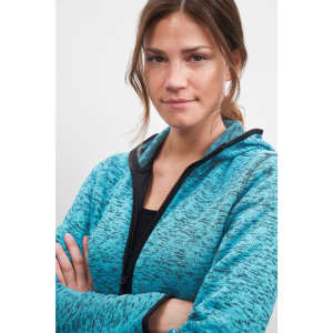 A hooded jumper in a blue and black knitted fleece with a zip front. It features a logo.