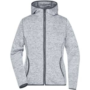 A grey knitted fleece hoodie with a zip closure and a hood, featuring contrasting details.
