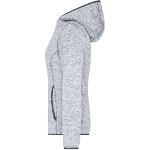 A grey knitted fleece hoodie with a hood and side pockets, featuring a logo.