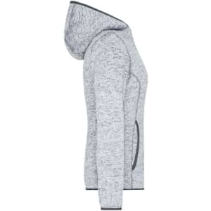 A grey knitted fleece hoodie with a hood and side pockets, featuring a logo on the sleeve.