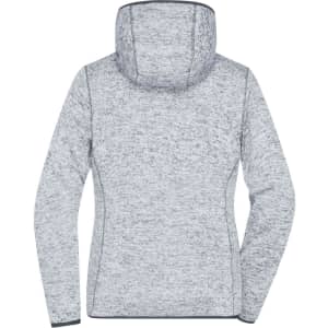 A grey ladies' knitted fleece hoodie with a hood, showcasing a textured design and fitted silhouette.