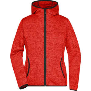 A red knitted fleece hoodie with a zip front, hood, and black trim accents. It features side pockets.