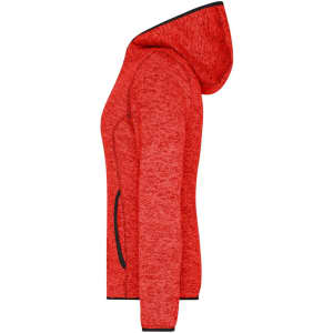 A ladies knitted fleece hoodie in red with a hood and black accents, featuring side pockets.