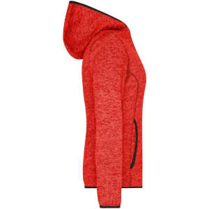 A red knitted fleece hoodie featuring a hood and side pockets, with contrasting black edging.