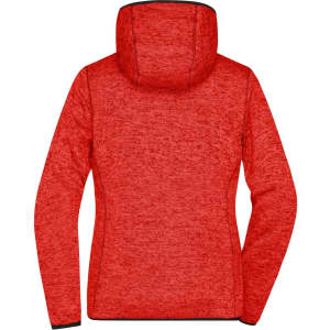 A red knitted fleece hoodie with a hood, featuring a textured design and a logo.