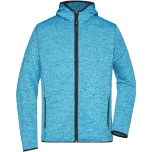 A knitted fleece hoodie in a vibrant blue hue with a front zip and pockets, featuring a logo on the chest.